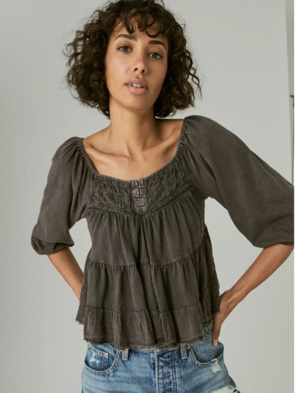 Lucky Brand Textured Long Sleeve Top Size M Boho Peasant Hippie